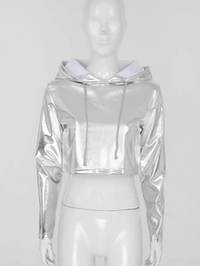 เสื้อกันหนาวกีฬาสำหรับผู้หญิงเสื้อครอปมีฮู้ดเมทัลลิกแขนยาวมีซิปเสื้อครอปแบบลำลอง - Product Image 4