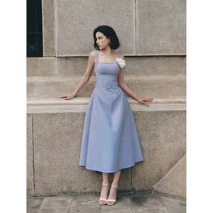 Beautiful flower strip Parisian Bloom <b>Dress</b> in light blue for elegant luxury vacation - Product Image 5