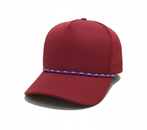 Gorra de béisbol estructurada de 5 paneles con corte láser rojo granate de primera calidad al por mayor, transpirable con malla trasera - Product Image 1
