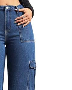 Dark Blue <b>Wide</b> <b>Leg</b> <b>Cargo</b> Jeans Women High Waist Denim Pants With Side Pockets Casual Streetwear Manufacturer Supply OEM - Product Image 3