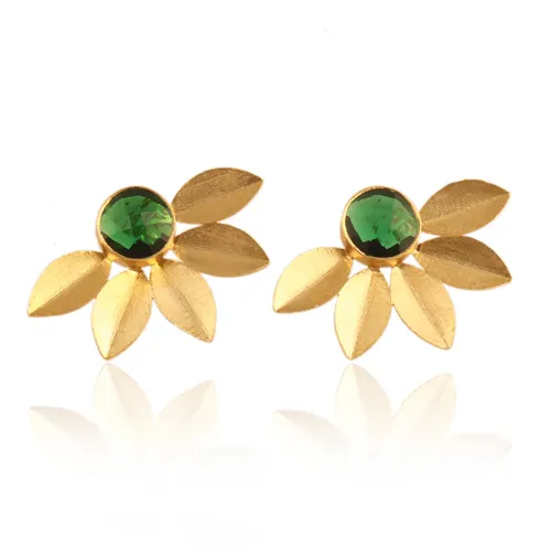 2022 Popular design studs earring 12mm round faceted green quartz earring matte finish dull gold plated leaf style women earring
