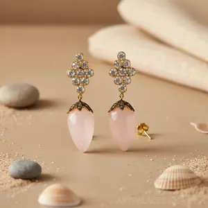 Women's Rose Quartz <b>Drop</b> <b>Earrings</b> with Gold Plating Accents <b>Fashion</b> Jewelry Gift - Product Image 1