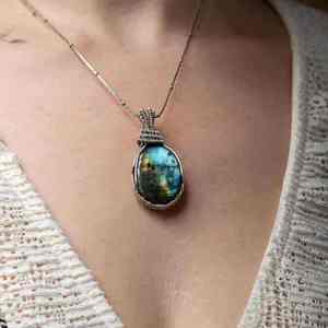Handmade <b>Boho</b> Labradorite Pendant <b>Necklace</b> Natural Gemstone Sterling Silver Vintage Style Gold Plated Gift - Product Image 4
