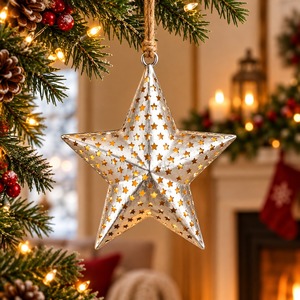 Adorno Colgante de Estrella de Metal Plateado, Decoración Tradicional para Árbol de Navidad, Adorno Rústico para el Hogar en Navidad - Product Image 5