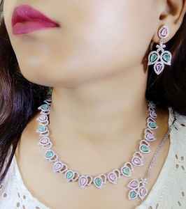 Elegant American Diamond Necklace <b>Set</b> with Multi Colour Stone With Earrings for Women Wedding Party Wear <b>Jewellery</b> For Women - Product Image 5