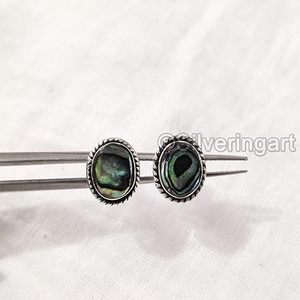 Boucles d'oreilles clous pour femmes en coquille d'ormeau naturelle, pierres précieuses, style bohème, bijoux faits à la main, boucles d'oreilles clous en argent sterling 925 - Product Image 2