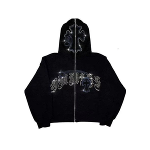 Cantidad a granel Sudadera con capucha con estampado de diamantes de imitación de talla grande para hombre 100% algodón Street-Wear Zip up Sudadera con capucha de diamantes de imitación para el invierno - Product Image 6