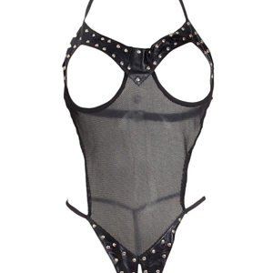Leather & Net Open Crotch Body One Size Erotic Lingerie Women Fetish Mesh Panel <b>Bondage</b> Style Sexy Bodysuit - Product Image 3