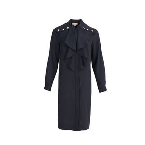 <b>Ladies</b> Formal Black <b>Tunic</b> <b>Dress</b> with Ruffles Button Details and Embroidery - Product Image 1