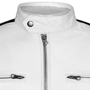 Nouvelle arrivée 2025, veste en cuir noir souple de haute qualité pour homme avec bande en cuir blanc, coupe ajustée, veste en cuir de motard pour homme - Product Image 3