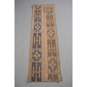 Turkish Vintage Small Rug 1.4x4.9 ft <b>Brown</b> Ikat <b>Wool</b> Patchwork Eco-Friendly Latex Backing Rug - Product Image 1