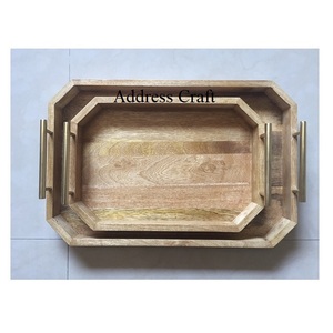 ถาดไม้กระถินเทศสำหรับเสิร์ฟอาหาร พร้อมหูจับโลหะ ดีไซน์โบราณ ปลอดภัยสำหรับอาหาร เหมาะสำหรับเสิร์ฟสเต็ก ใช้ในบ้าน โรงแรม ครัว - Product Image 2