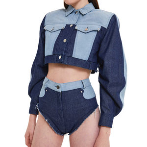 2025 dernier personnalisé femmes Denim vêtements deux tons Denim veste Patchwork femmes Unique haut court Denim vestes pour femmes - Product Image 1