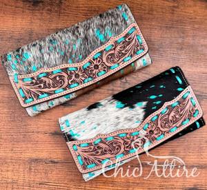 กระเป๋าสตางค์หนังสไตล์ตะวันตกใส่บัตรได้หลากหลายดีไซน์ใหม่กระเป๋าเงินหนังวัวแกะสลักด้วยมือ - Product Image 1