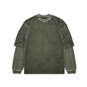 T-shirt à manches doubles en coton 100% respirant à séchage rapide de qualité supérieure personnalisé à lavage acide Coupe régulière pour homme Double couche - Product Image 3