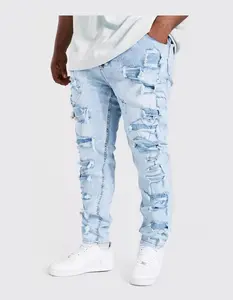 Новейший дизайн, модные потертые тренировочные джинсовые брюки для спортзала, джинсы, джоггеры, винтажные синие джинсовые брюки для мальчиков