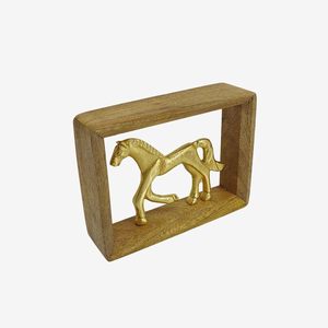 Figure de cheval en aluminium dans un carré en bois, sculptures d'ornement artistique, pièce maîtresse unique de décoration intérieure pour le salon - Product Image 2