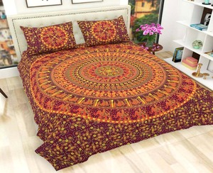 Nueva sábana con estampado de bloques indios hechos a mano con fundas de almohada Nuevo patrón de bloques redondos de algodón puro para uso doméstico - Product Image 1