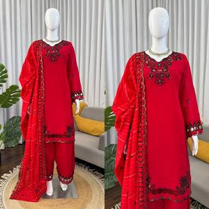 Red Embroidered <b>Silk</b> Salwar Kameez Set Black Lace Details Traditional Indian Pakistani Graduation Women Ankle-Length Dress - Product Image 3