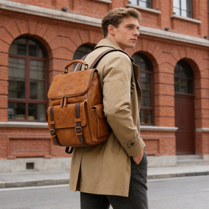 Large Capacity Waterproof Multi functional PU Leather Men's Laptop <b>College</b> <b>Backpack</b> Vintage Simple Durable - Product Image 2