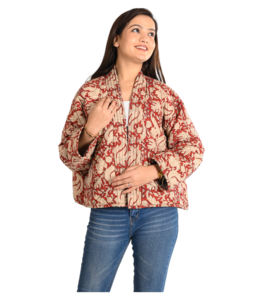 Abrigo corto reversible de otoño para mujer, chaqueta acolchada de algodón con estampado de bloques a mano y bolsillos en el escote, tela tejida con estampado Floral - Product Image 4