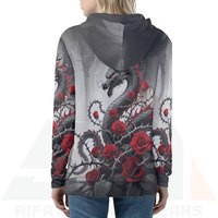 Sudadera con Capucha de Invierno para Mujer, Estilo Gótico, con Estampado 3D de Dragón y Rosa Roja, Cierre Frontal con Cremallera, Tejido No Tejido, Bordado