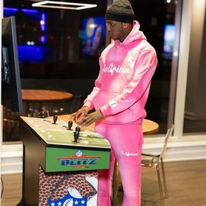 Survêtement rose délavé à l'acide unisexe en coton mélangé à l'acide sweat à capuche jogger ensemble Logo brodé tenue Streetwear de qualité supérieure - Product Image 3