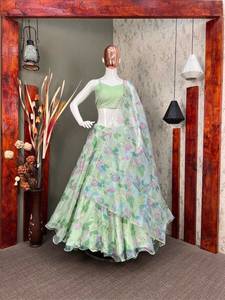 Hermosa Organza con estampado floral Lehenga Choli con Dupatta para mujer, ropa de fiesta, ropa festiva lehenga choli Organza dupatta - Product Image 4