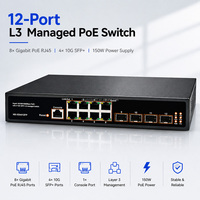 L3 Yönetilebilir Akıllı 12 Portlu Gigabit 4 SFP+ 10G Uplink 150W SNMP RIP DHCP VLAN QoS ACL IPv6 PoE Switch, IP Kamera CCTV NVR için