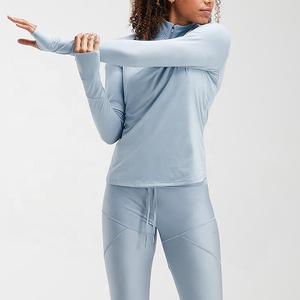 Vente en gros de vêtements de yoga pour le fitness d'automne pull à fermeture éclair et quart côtelé pour femmes t-shirts à manches longues vêtements de gym d'équitation coupe ajustée - Product Image 2