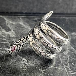 18K Gold-Plated Sterling <b>Silver</b> Gothic Animal Style <b>Adjustable</b> Wrap Snake <b>Ring</b> with Ruby Bezel Set Unisex Gift - Product Image 4