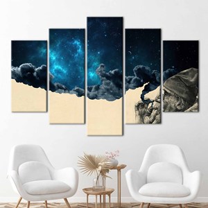 Lienzo Impreso con Diseño de Fumadores en el Espacio: Obra de Arte Moderna Surrealista, Mix de 5 Piezas: Enrollado en Lienzo - Product Image 1
