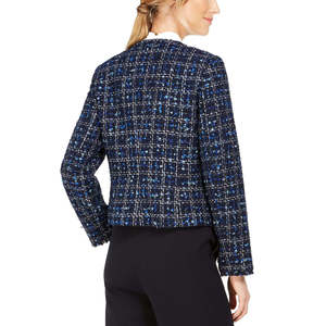 Calvin Klein Women's Reversible Tweed Frayed-Edge <b>Jacket</b> Blue Size 8-Solid <b>Pattern</b> <b>Quilted</b> Bomber Varsity Sheep Skin Custom - Product Image 2