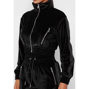 Chándal de Terciopelo Negro de Alta Calidad para Mujer, Bordado, con Diseño de Cremallera, Estilo Urbano, Top Corto, para Uso en Exteriores, Cómodo - Product Image 6