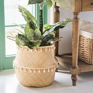 Maceta de mimbre de algas marinas grande contemporánea, borlas, planta de interior, lujo, moderna para uso diario, paquete de suelo, habitación pequeña - Product Image 5