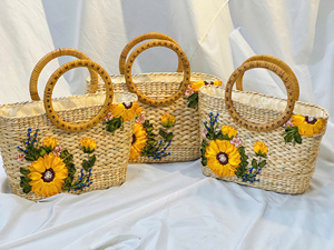 Elegant Natural Water Hyacinth Handcrafted Fashionable <b>Handbag</b> Wooden Handle Two Straps Flowers Eco-Friendly Open Design for - Product Image 6