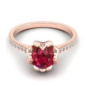 Natuurlijke Robijn Ring 14K Massief Rose Goud July Geboortesteen Solitaire Ring Ronde Geslepen Echte Diamanten Ring Groothandelsprijs