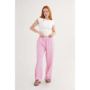 Pantalon en coton rose pour femme Lustrin, vente en gros, avec taille élastique et détail de ourlet élégant, poches latérales pour un usage décontracté - Product Image 3