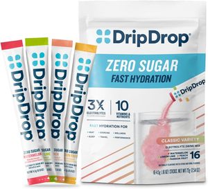DripDrop Sachets d'hydratation sans sucre, mélange de poudre d'électrolytes pour boisson - Citron vert, Pastèque, Pêche, Fruit de la Passion, 16 sticks - Product Image 1