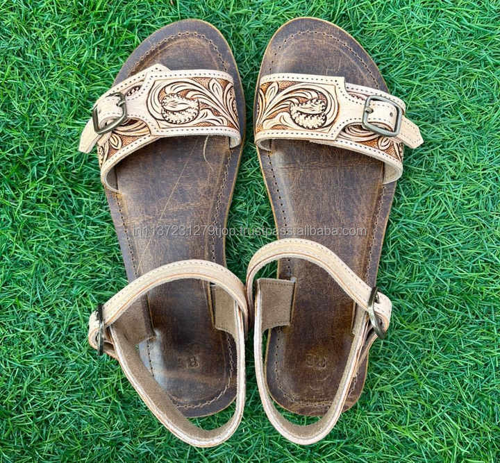 Real Handmade Genuine Women Western Style Tooled Cowhide Leather Casual Outdoor Flipflop Flat Brown  Footwear Open Toe Sandal