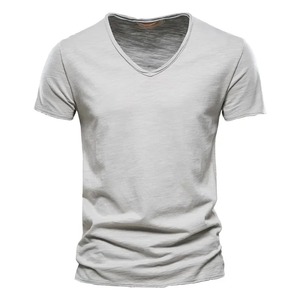 2025 caliente verano hombres cuello en V camiseta nuevo Color sólido 100% algodón manga corta de punto Top superventas - Product Image 6