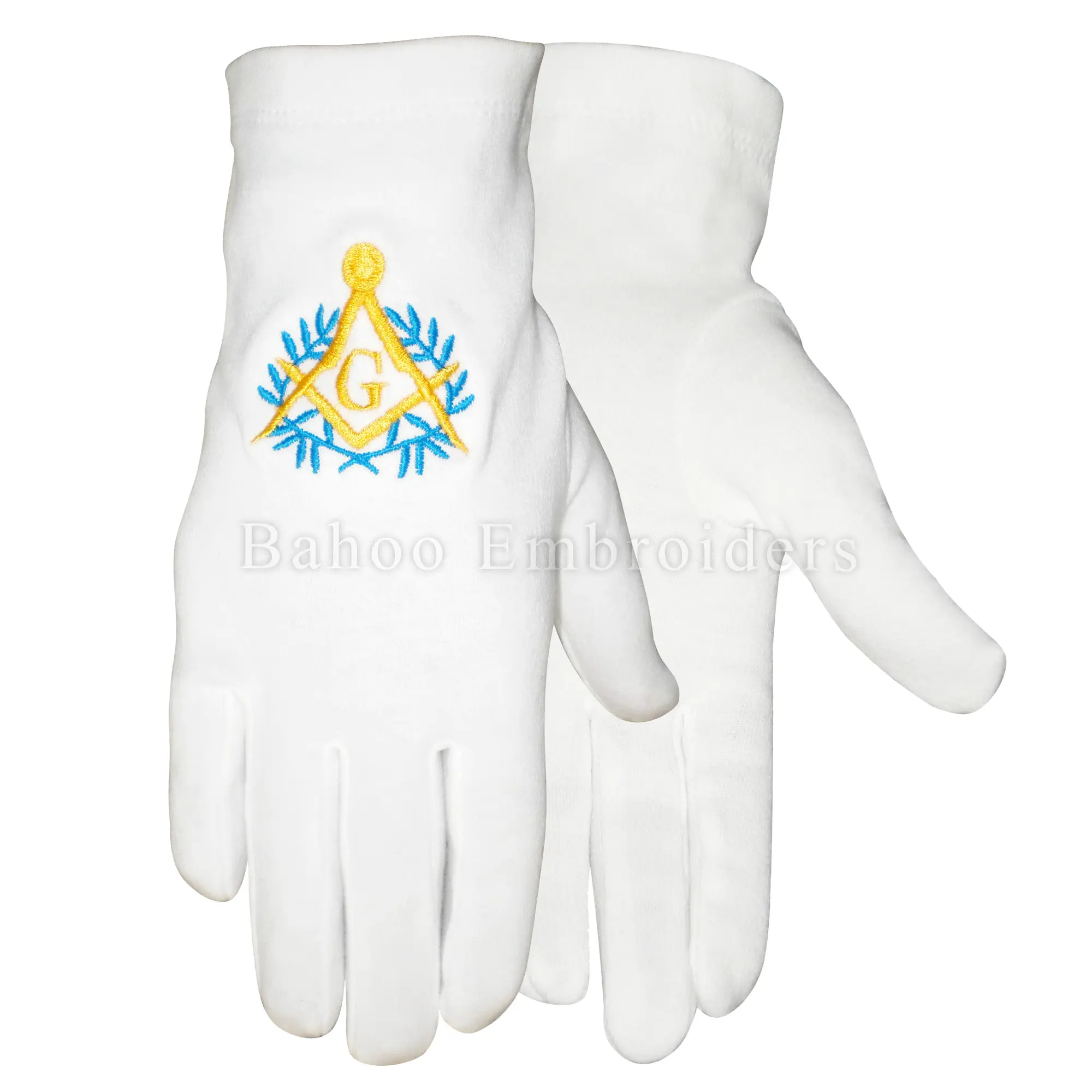 Gants en coton blanc Masonic French Rite avec broderie bleue et jaune