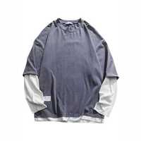 Camiseta térmica en blanco de manga larga de doble capa 2 en 1 de algodón pesado personalizada OEM serigrafía dobladillo crudo Camiseta de felpa francesa para M