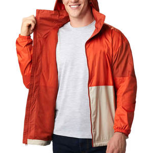 Veste de pluie en toile à capuche et fermeture éclair pour homme |   Coque imperméable à blocs de couleur |   Haut de sport d'extérieur bicolore orange vif et beige - Product Image 3