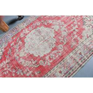 Authentic Vintage Turkish Rug Large Area 5x8ft <b>Red</b> White Kilim Style Patchwork Pattern Wool <b>Latex</b> for Hallway Rectangle Room - Product Image 5