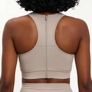 Custom Front Zipper Sports <b>Bra</b> High Neck Yoga Top Beige Athletic Crop Top Racerback Gym <b>Bra</b> Sleeveless Workout Wear for Women - Product Image 2