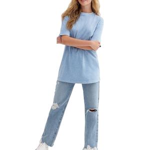 Camiseta de Algodón Grueso para Mujer, Estilo Vintage, Lavado Ácido, Estampado Personalizado, Corte Regular, Transpirable, Secado Rápido, Verano, OEM - Product Image 4