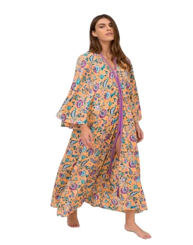 Langes Kaftan-Maxi kleid mit Glocken ärmeln und Spitze auf der Vorderseite