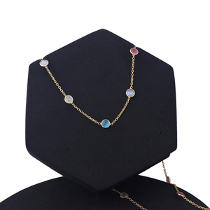 Délicat coloré multi oeil de chat forme ronde double couche station chaîne bijoux plaqué or lunette réglage câble chaîne collier - Product Image 3