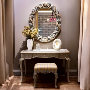 Tocador de Madera de Teca Hecho a Mano de Lujo, Estilo Moderno de Mediados de Siglo, Espejo Ovalado Tallado, Elegante Taburete Tapizado, Tocador para Sala de Estar - Product Image 1